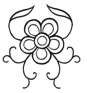 Black line drawing of a flower with 5 rounded petals, 2 leaves, and root-like tendrils